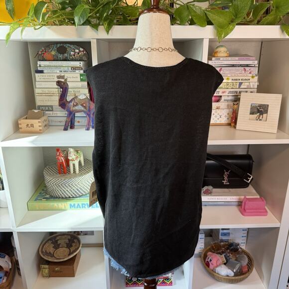 Vintage 90s Floral Embroidered Granny Boho Coastal Cottage Vest - Black Wms L - Picture 5 of 8